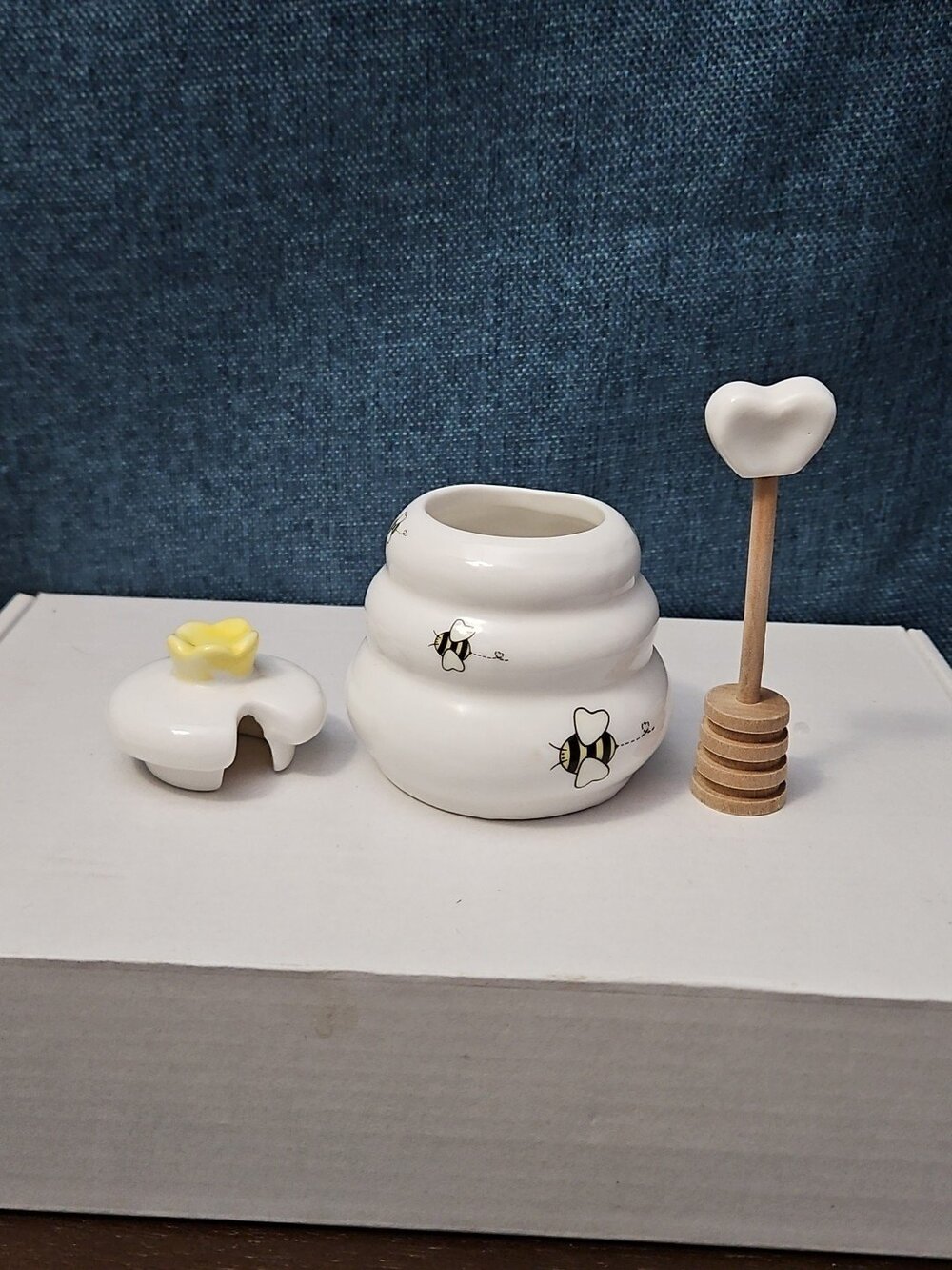 Mini Ceramic Beehive Honey Pot with Wooden Dipper | 3" Bee Theme Kitchen Decor - Picture 15 of 16